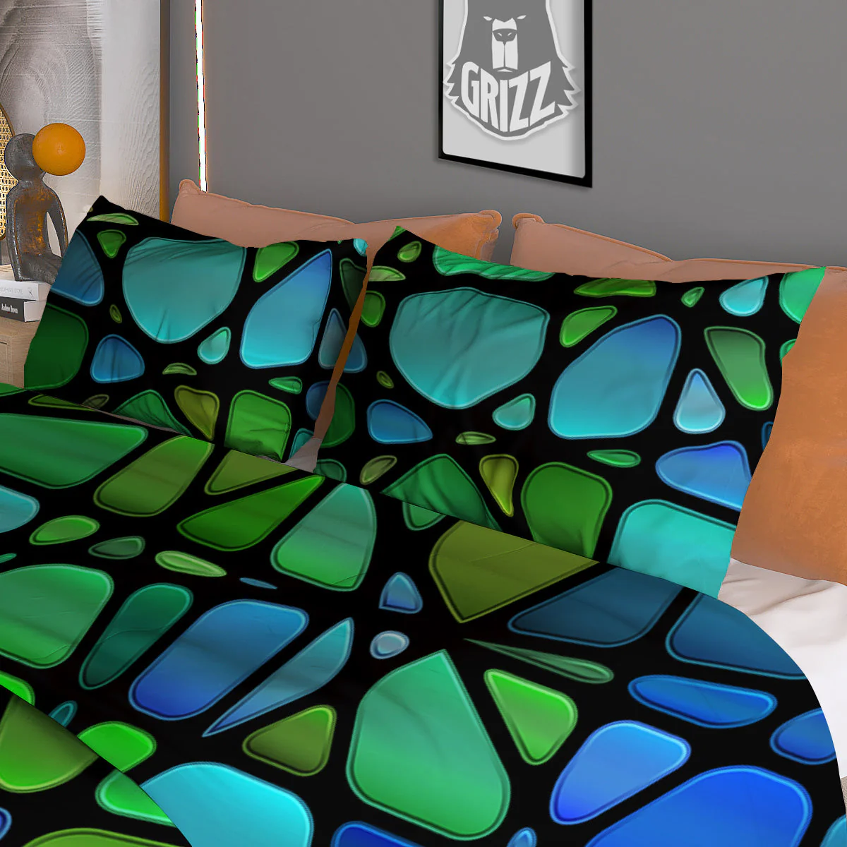 Stained Glass Green And Blue Print Duvet Cover Bedding Set - Image 3