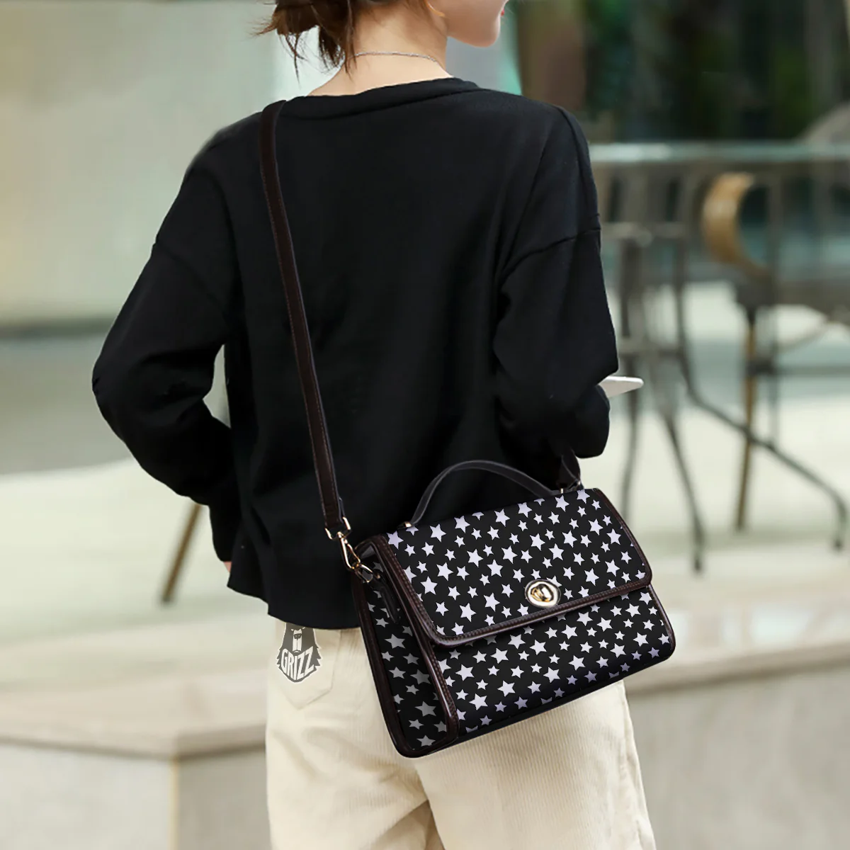 Star White And Black Print Pattern Women's Satchel Bag - Image 3