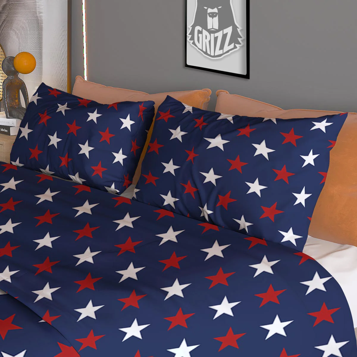 Star White And Red Print Pattern Duvet Cover Bedding Set - Image 3