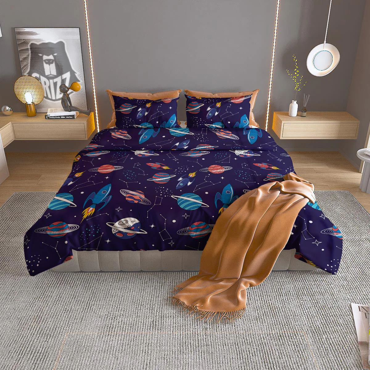 Stars And Rockets Print Pattern Duvet Cover Bedding Set