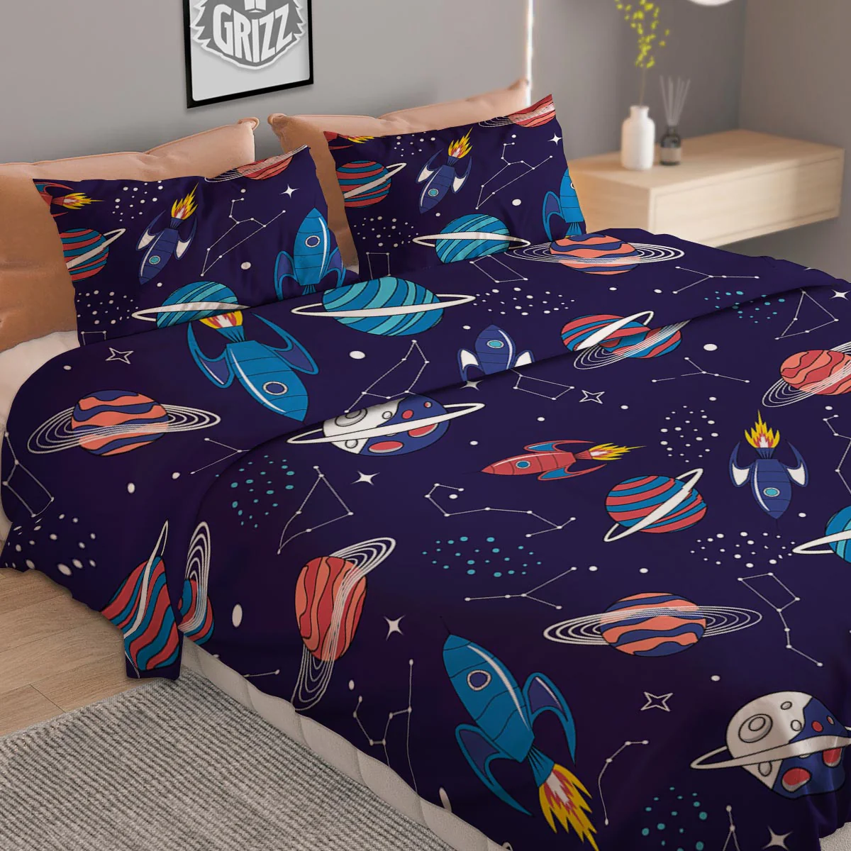 Stars And Rockets Print Pattern Duvet Cover Bedding Set - Image 2