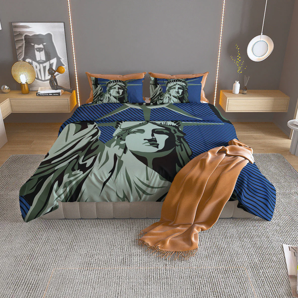 Statue Of Liberty American Print Duvet Cover Bedding Set