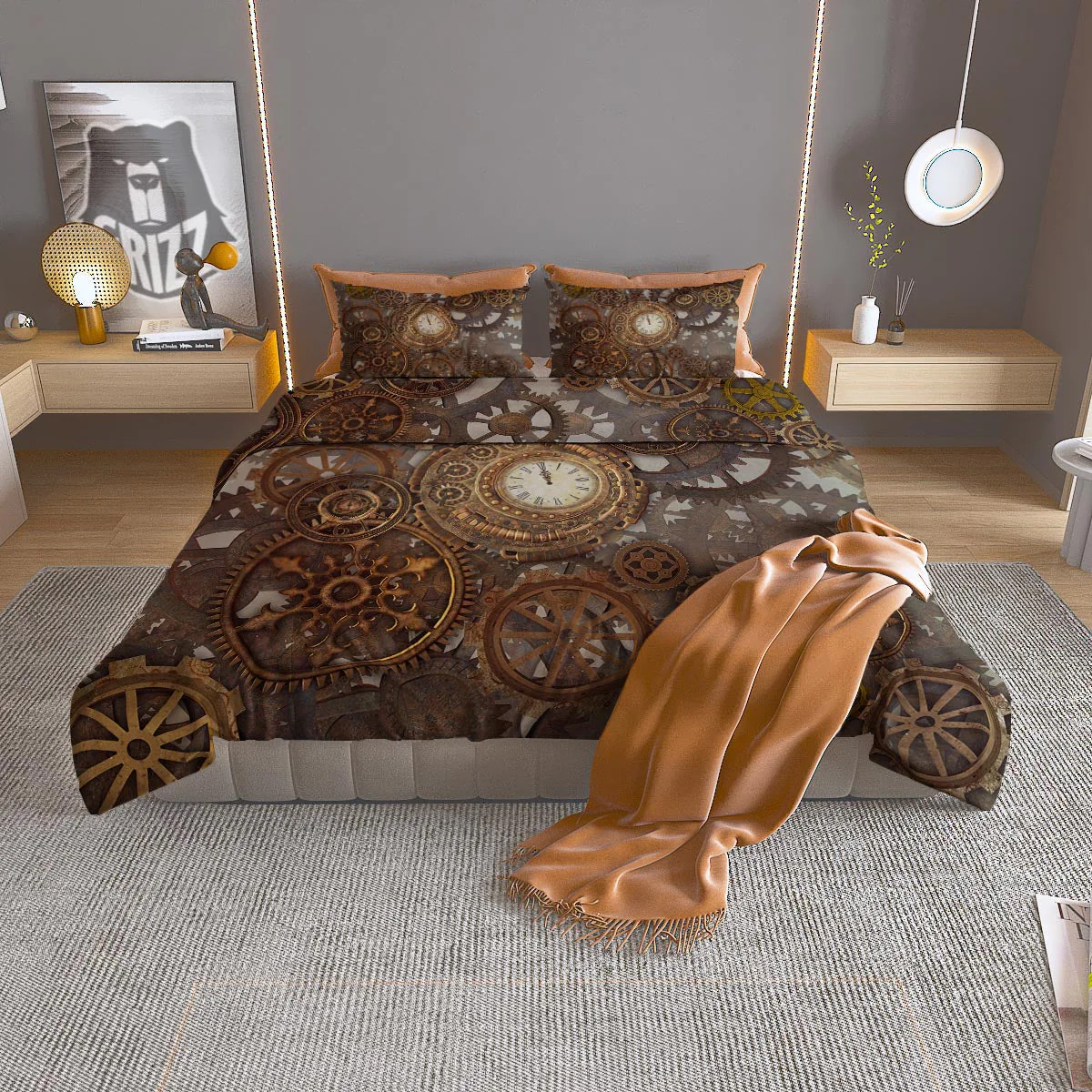 Steampunk Gears Clock Print Duvet Cover Bedding Set