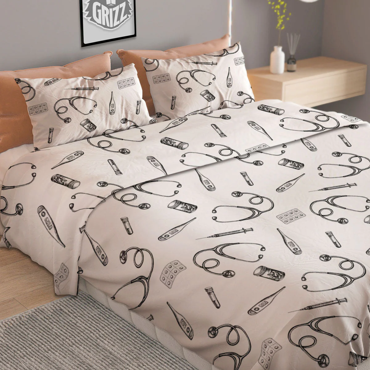 Stethoscope White And Black Print Pattern Duvet Cover Bedding Set - Image 2
