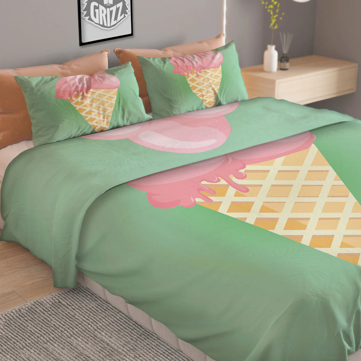 Strawberry Ice Cream Teal Print Duvet Cover Bedding Set - Image 2