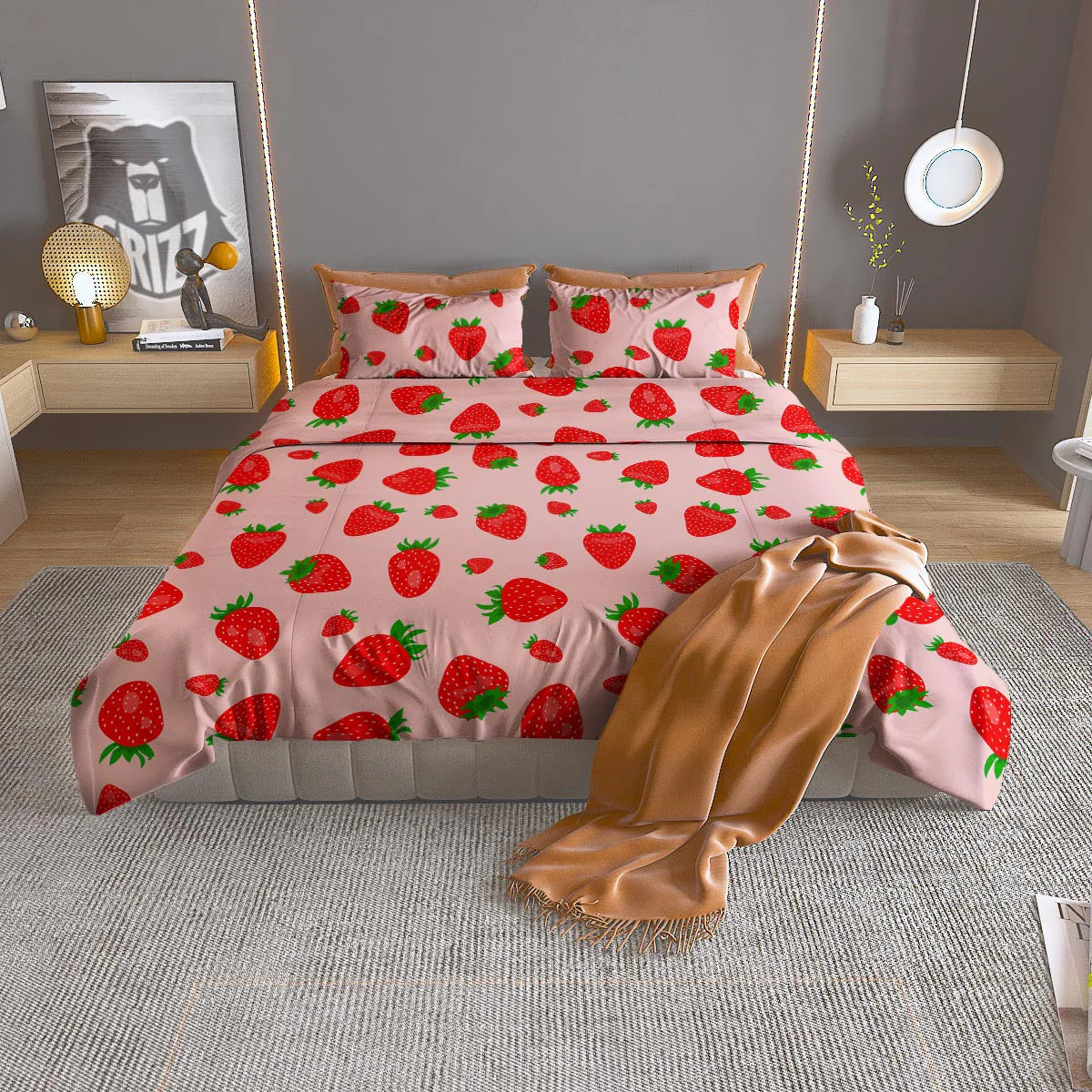 Strawberry Red Print Pattern Duvet Cover Bedding Set