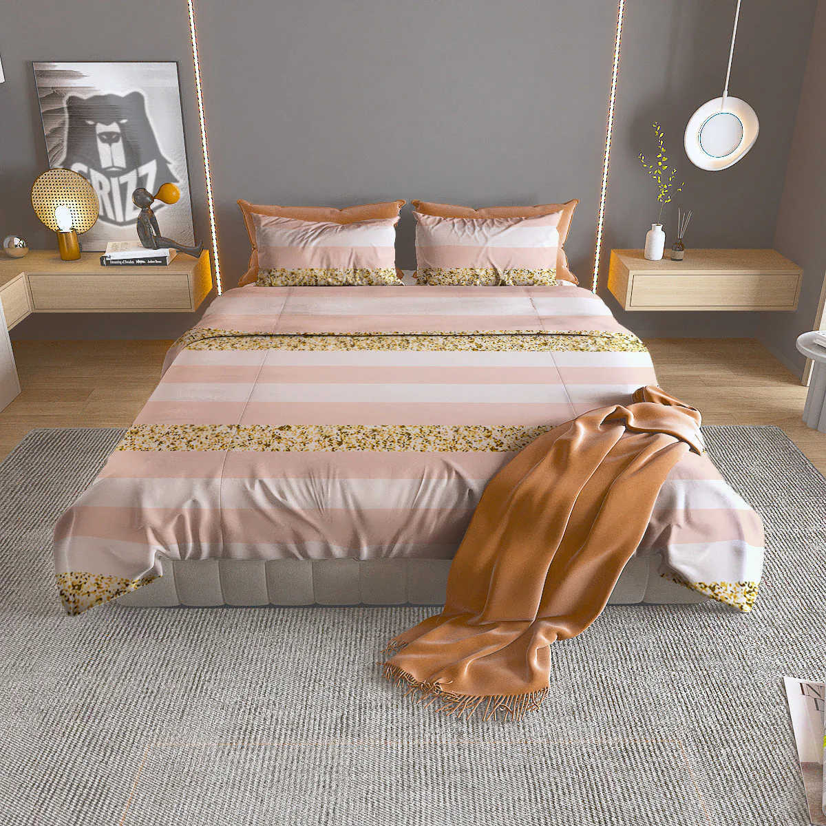 Stripe Glitter Gold Print Pattern Duvet Cover Bedding Set