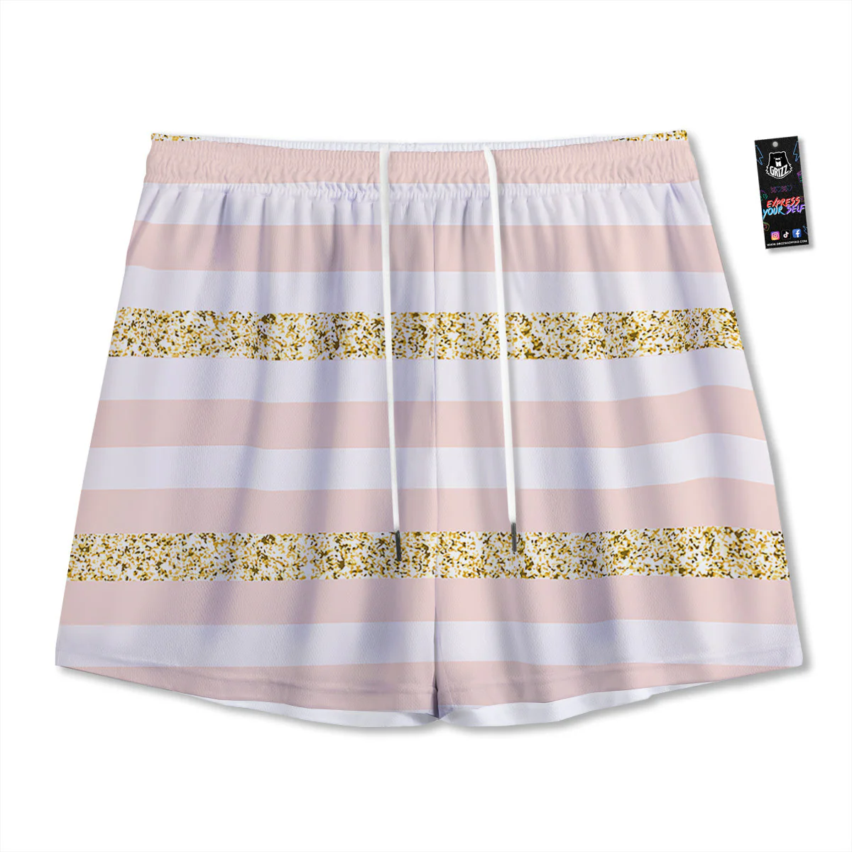 Stripe Glitter Gold Print Pattern Mesh Shorts