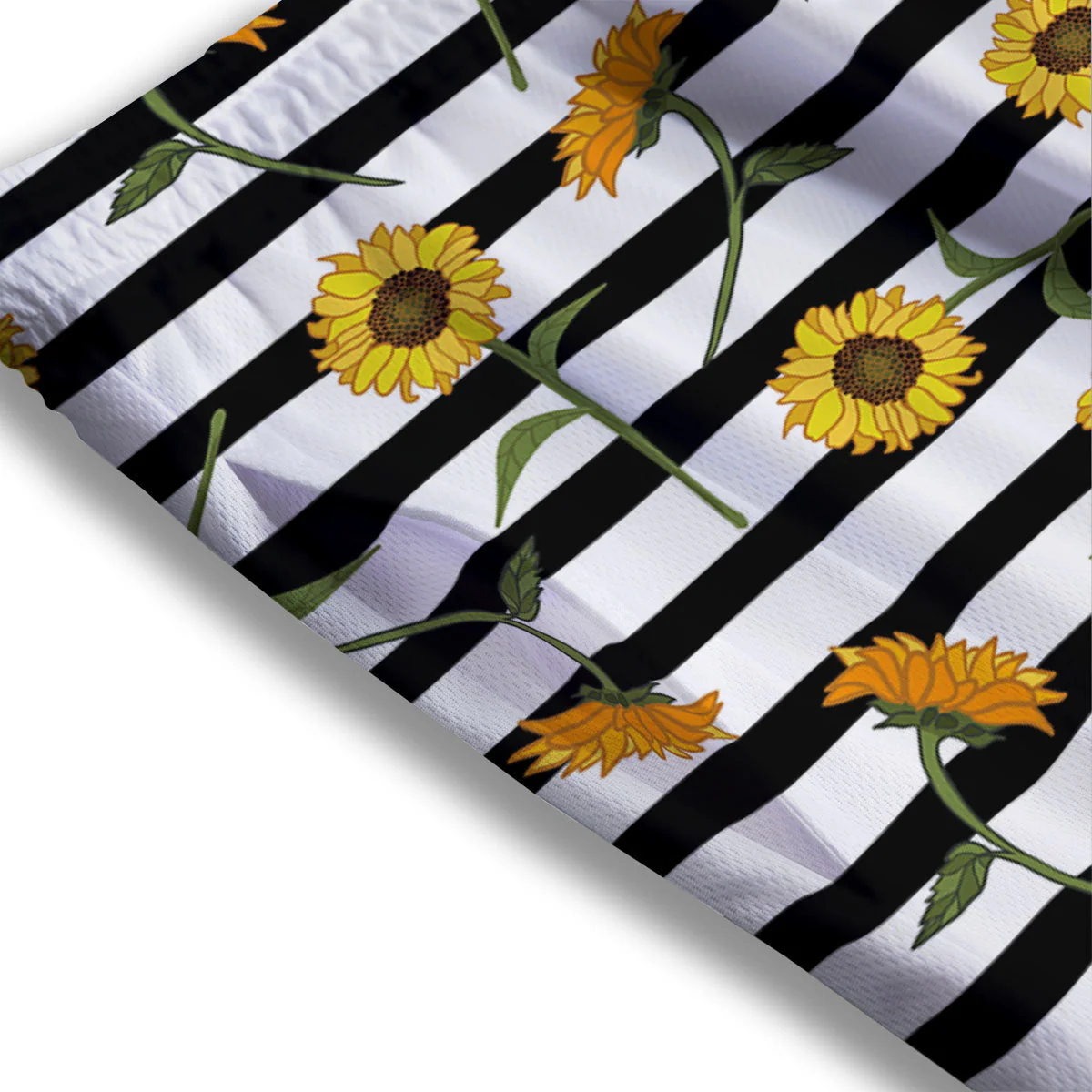 Stripe Sunflower White And Black Print Pattern Mesh Shorts - Image 3