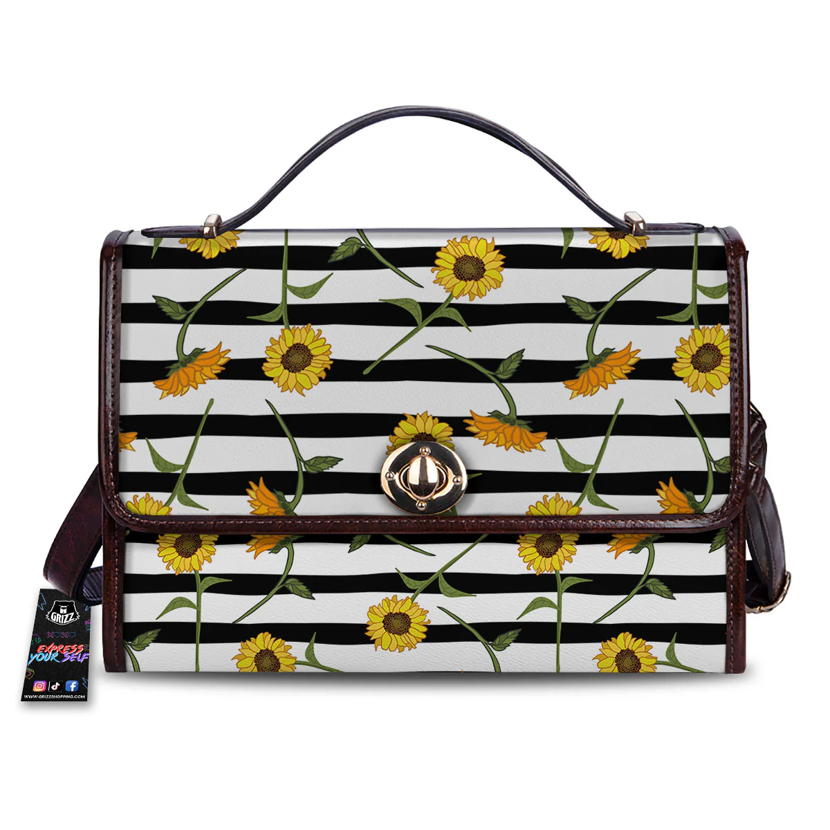 Stripe Sunflower White And Black Print Pattern Women's Satchel Bag