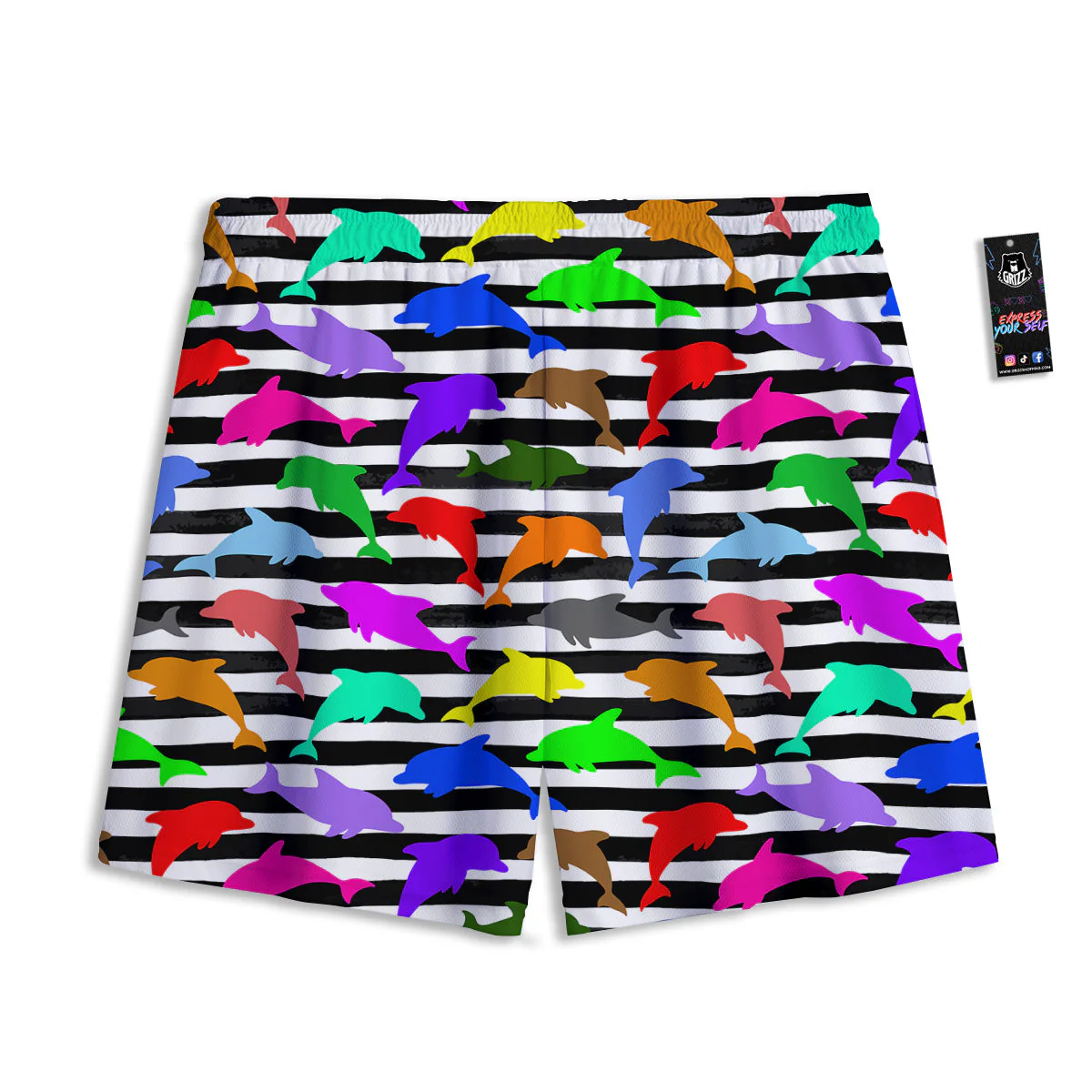 Striped And Colorful Dolphin Print Pattern Mesh Shorts - Image 2