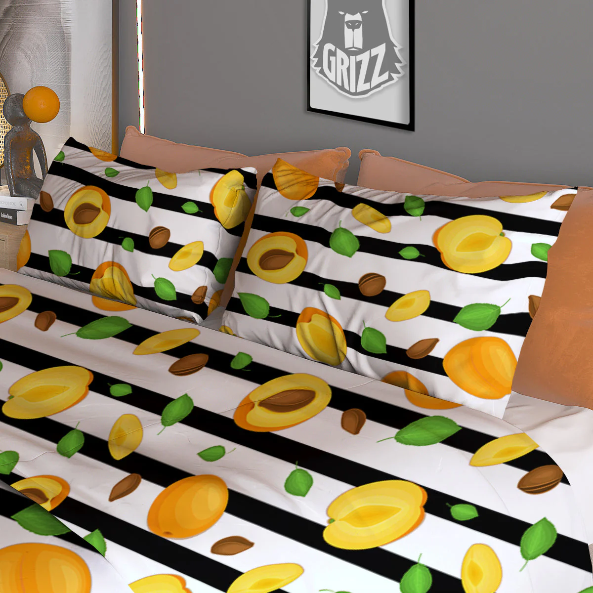 Striped Apricot Print Pattern Duvet Cover Bedding Set - Image 3