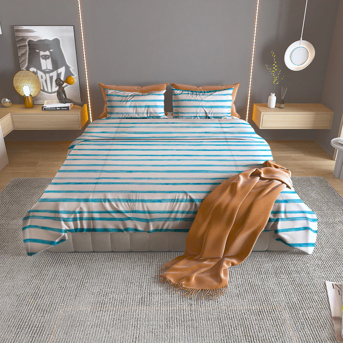 Striped Cyan And White Print Pattern Duvet Cover Bedding Set