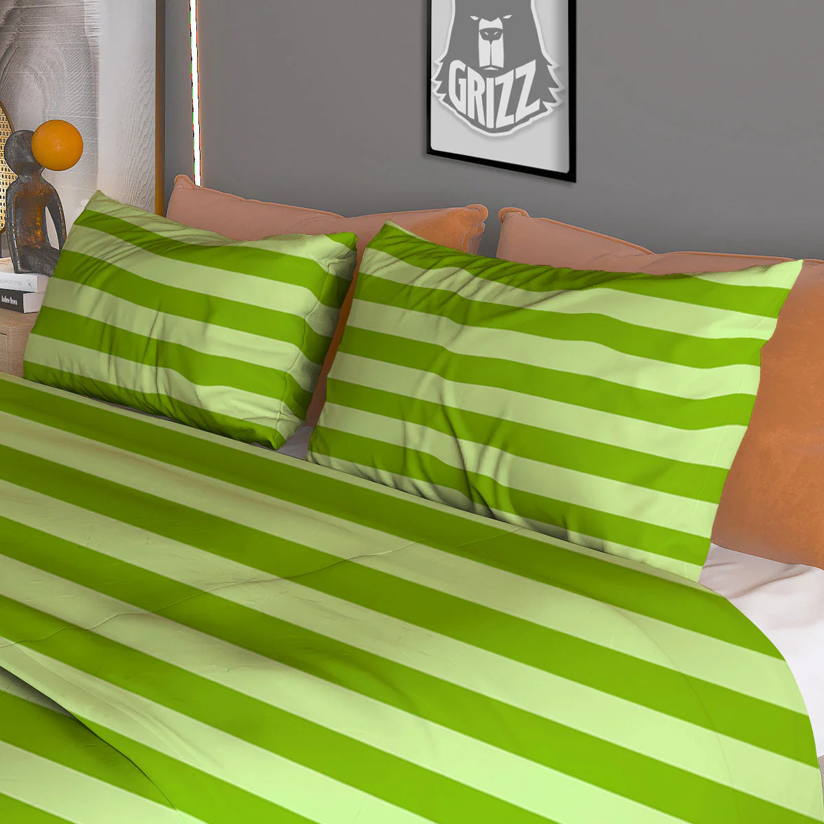 Striped Green Print Pattern Duvet Cover Bedding Set - Image 3