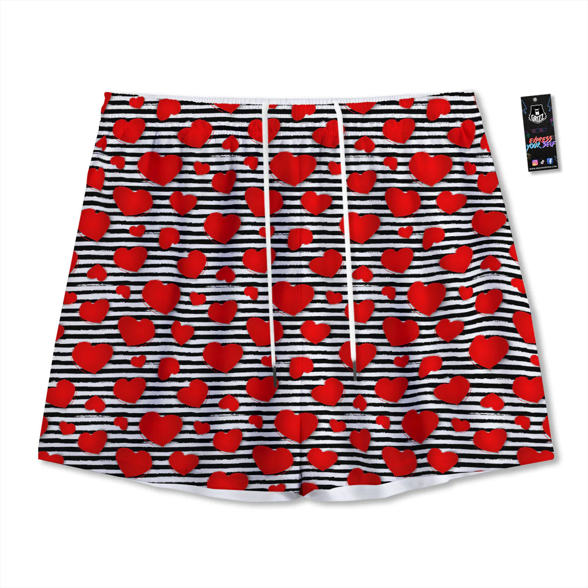 Striped Heart White And Black Print Mesh Shorts