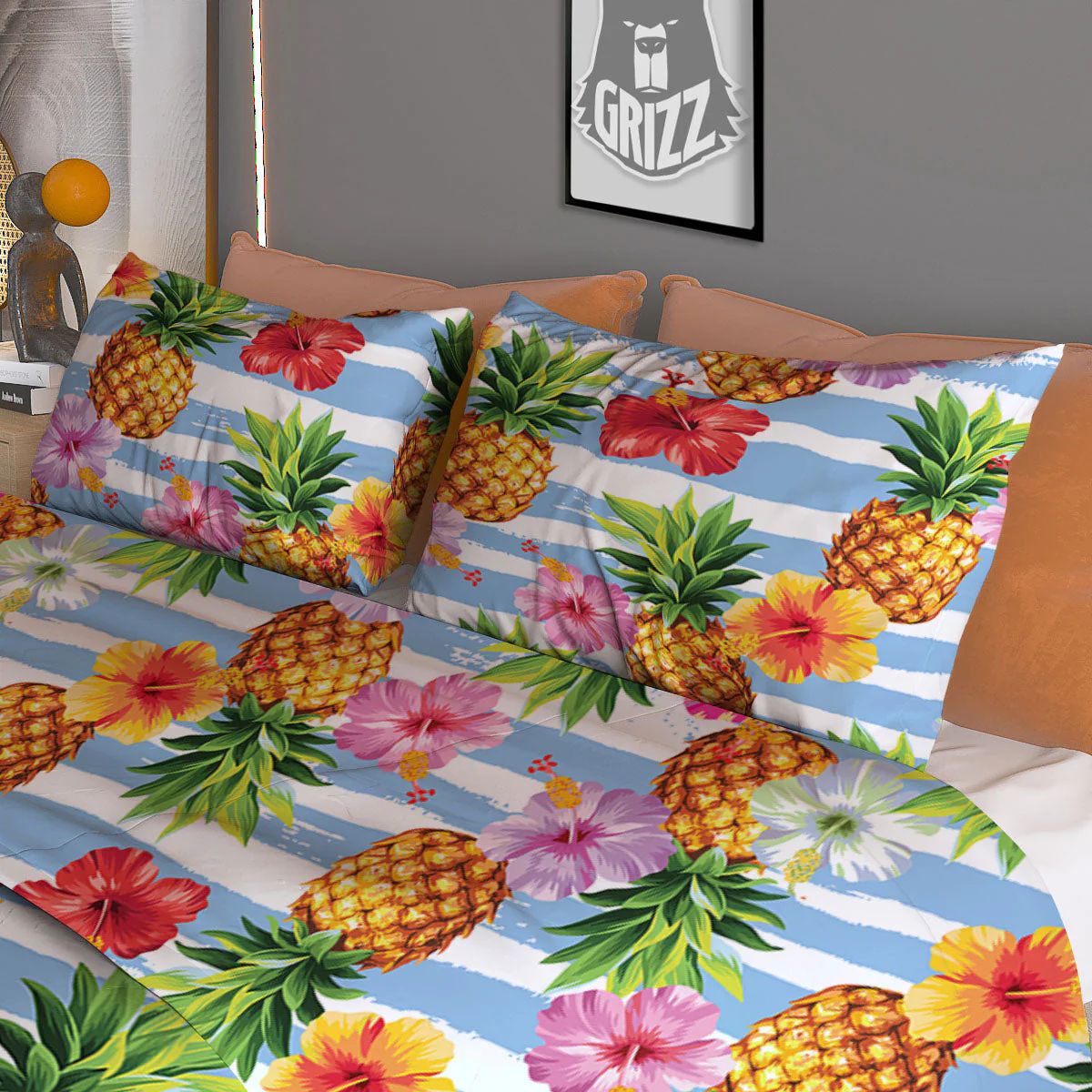 Striped Hibiscus And Pineapple Print Duvet Cover Bedding Set - Image 3