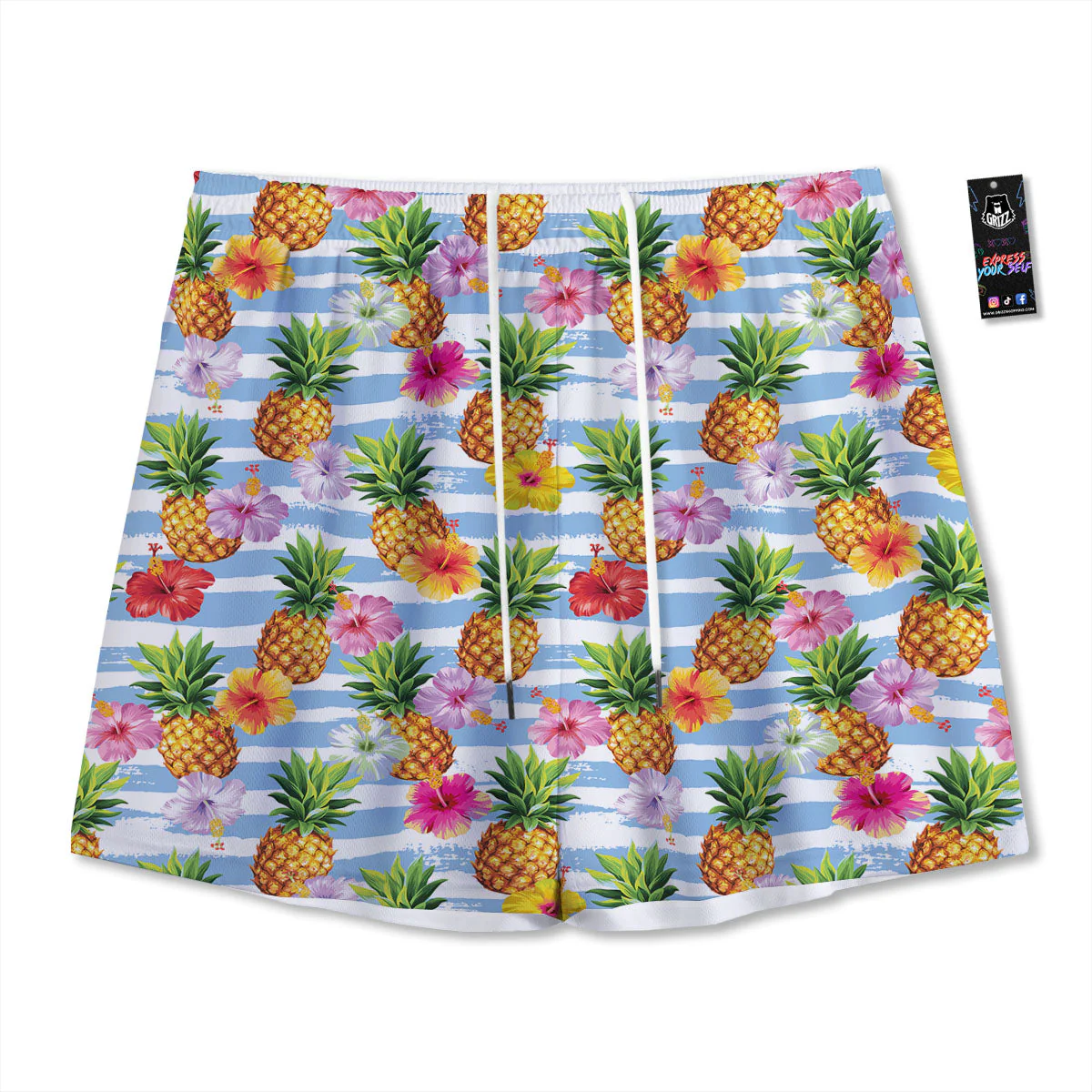 Striped Hibiscus And Pineapple Print Mesh Shorts
