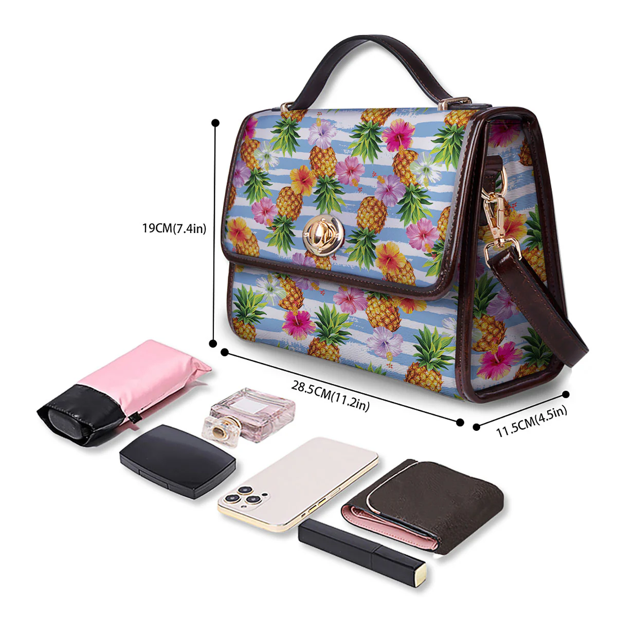 Striped Hibiscus And Pineapple Print Women's Satchel Bag - Image 4