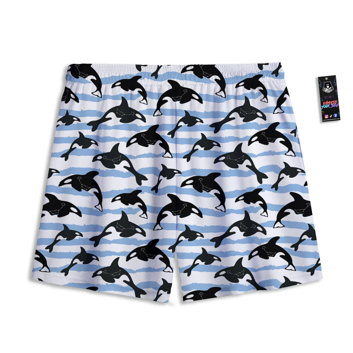Striped Killer Whale Blue Print Pattern Mesh Shorts - Image 2
