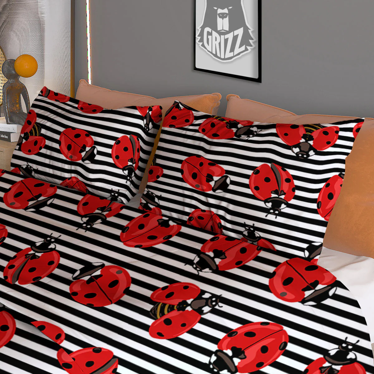 Striped Ladybug Print Pattern Duvet Cover Bedding Set - Image 3