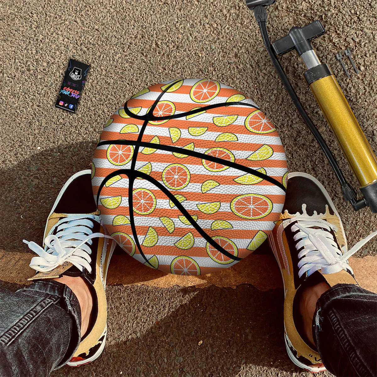 Striped Lemon And Orange Print Pattern Basketball - Image 2