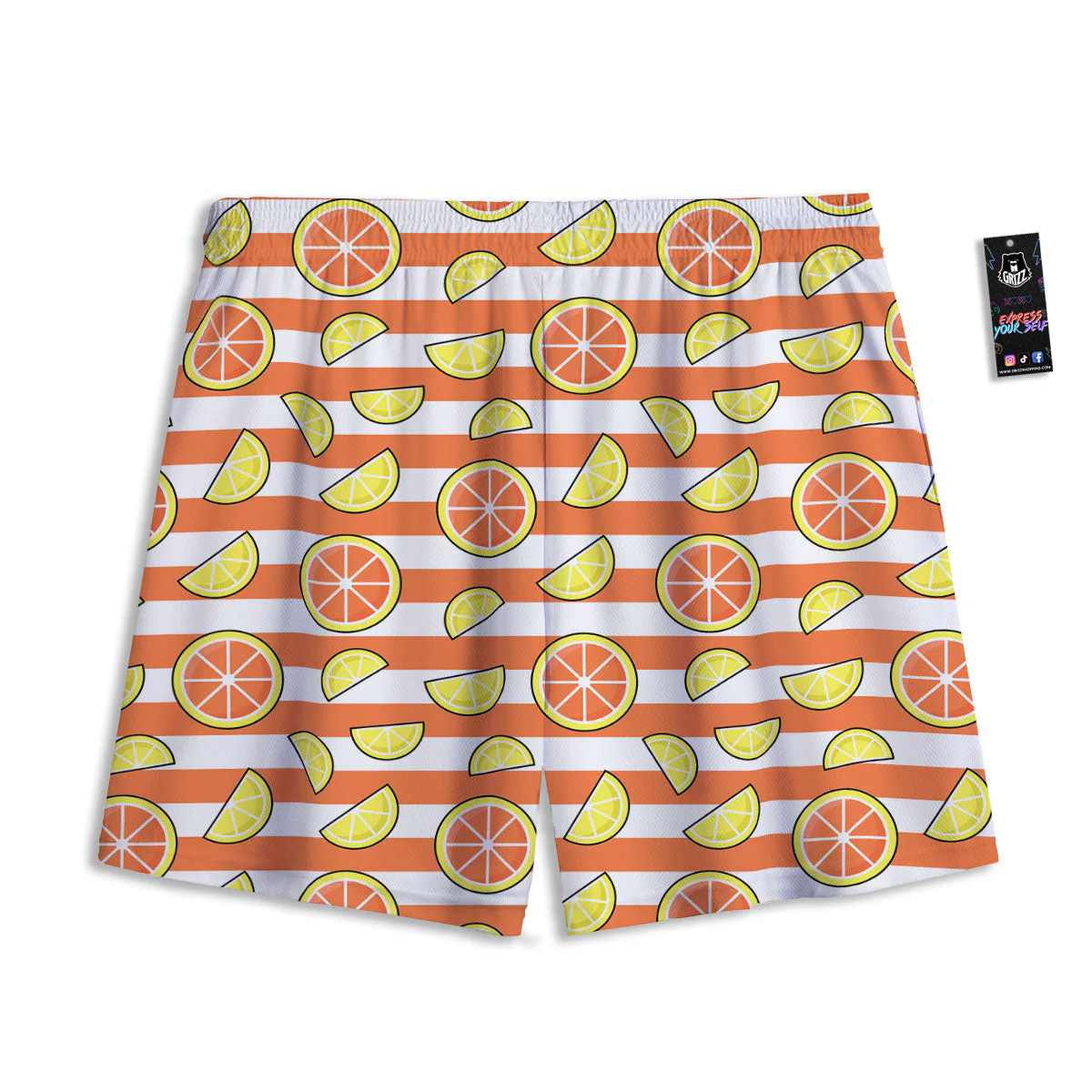 Striped Lemon And Orange Print Pattern Mesh Shorts - Image 2