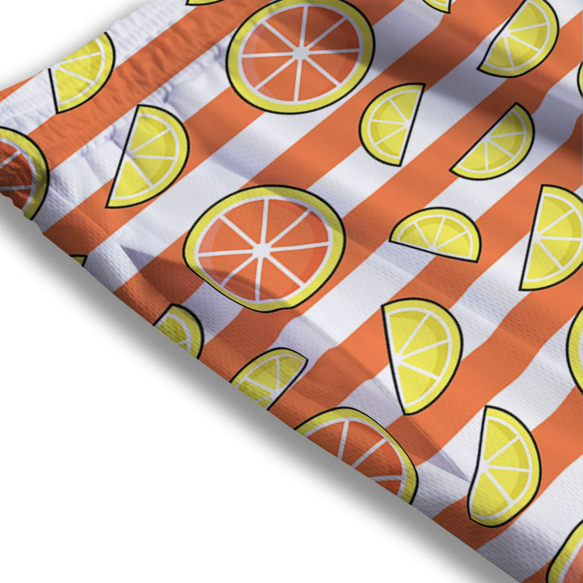 Striped Lemon And Orange Print Pattern Mesh Shorts - Image 3