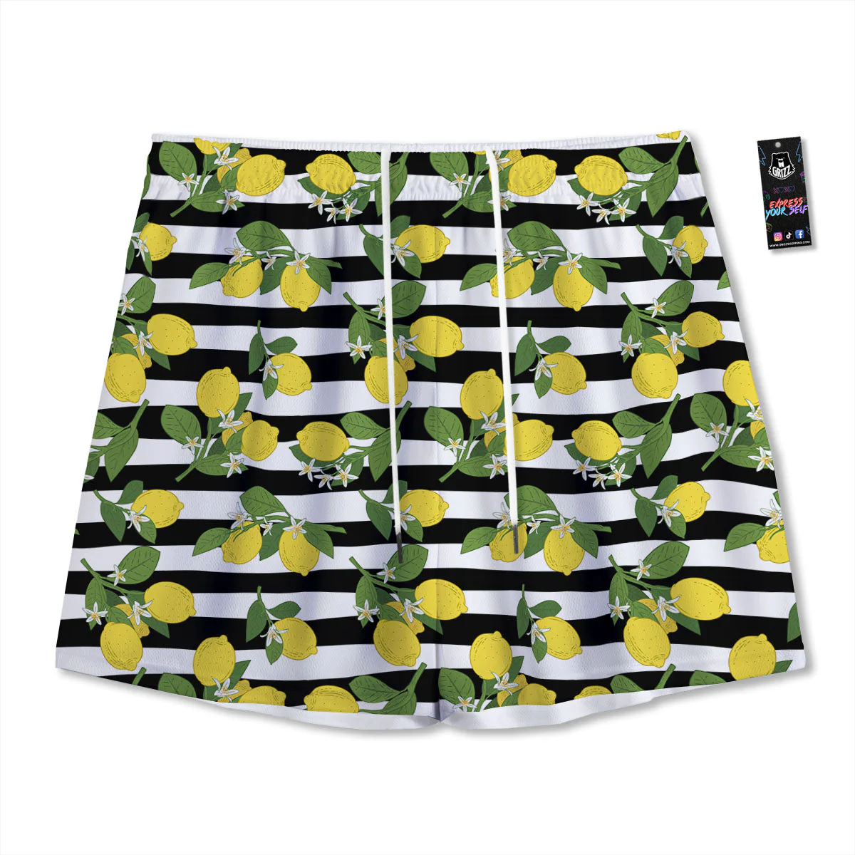 Striped Lemon Print Pattern Mesh Shorts
