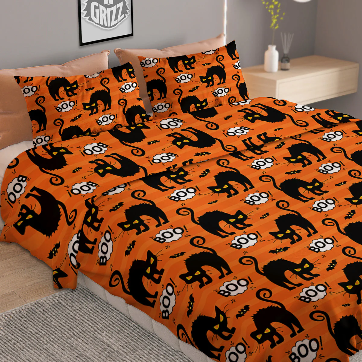 Striped Orange Black Cat Angry Print Pattern Duvet Cover Bedding Set - Image 2