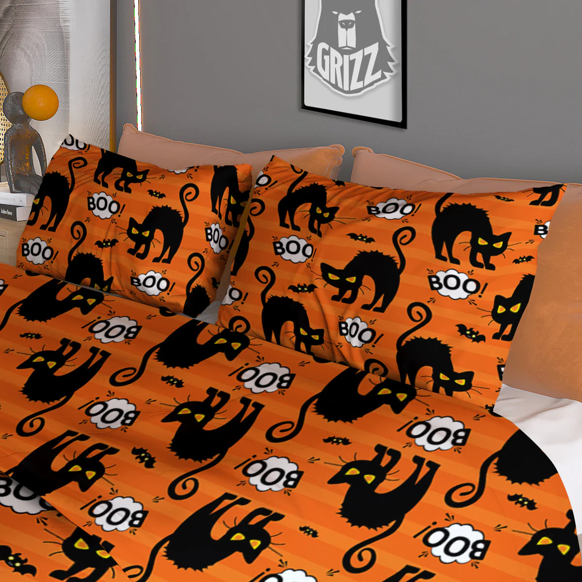 Striped Orange Black Cat Angry Print Pattern Duvet Cover Bedding Set - Image 3