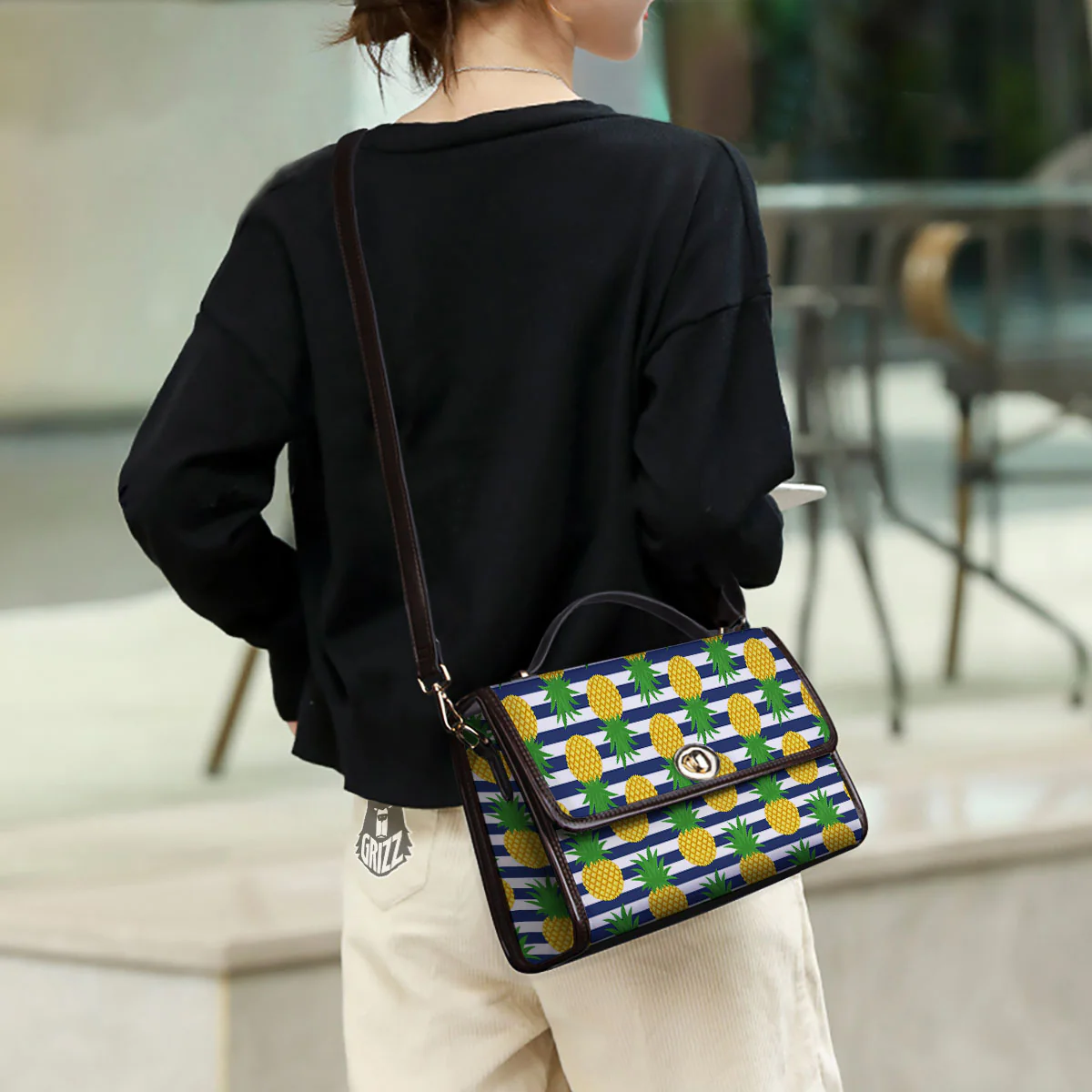 Striped Pineapple Print Pattern Women's Satchel Bag - Image 3