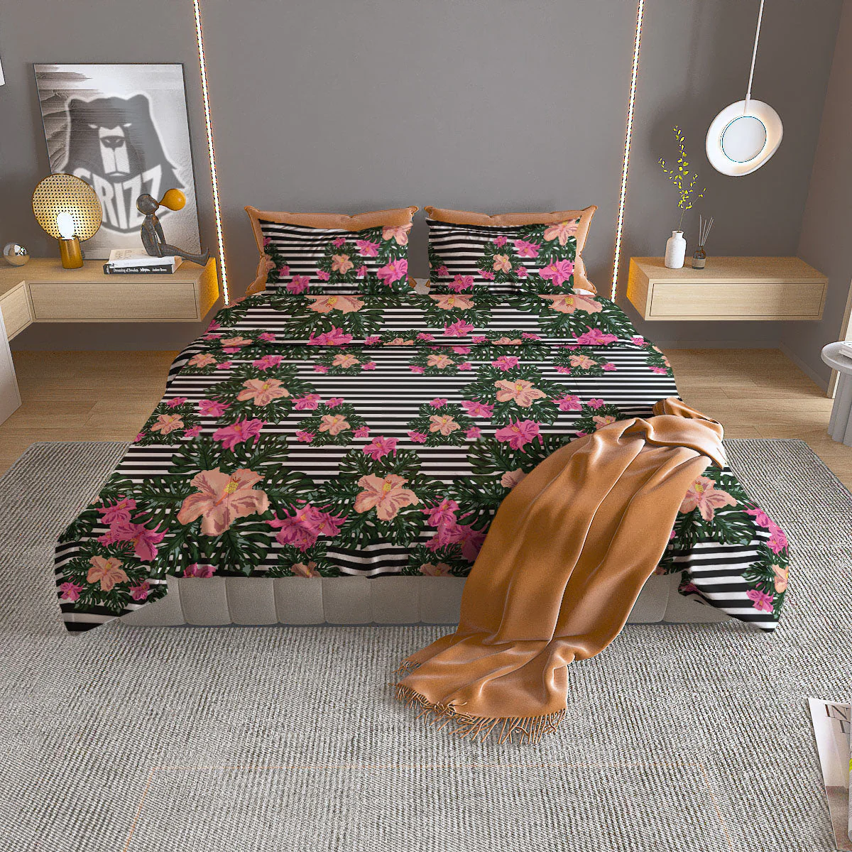 Striped Plumeria Flower Print Pattern Duvet Cover Bedding Set