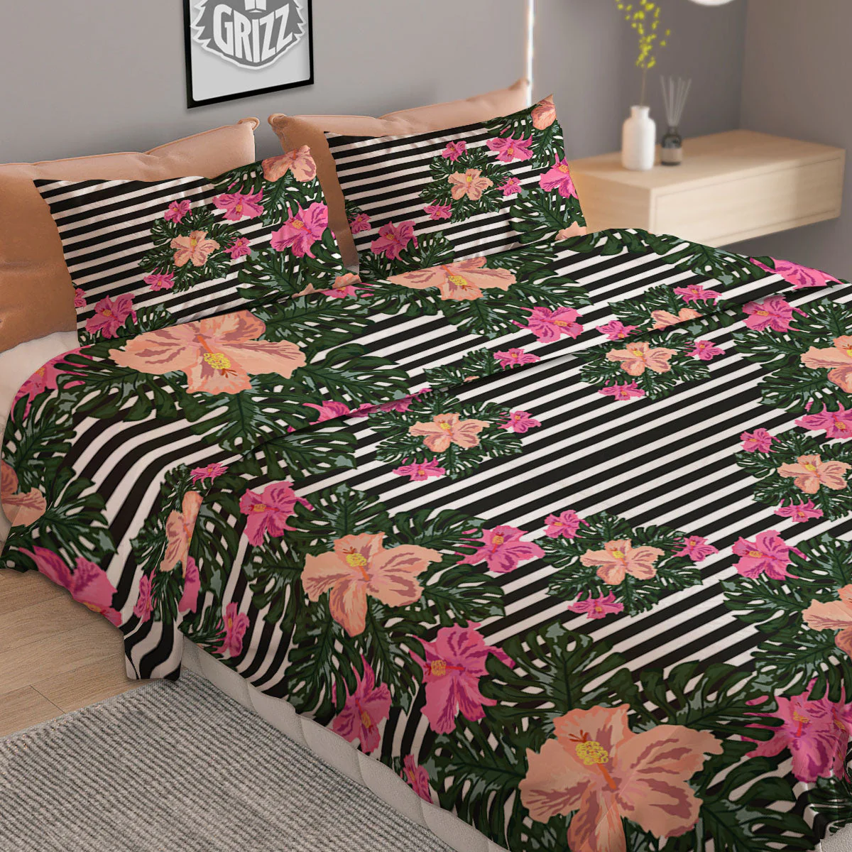 Striped Plumeria Flower Print Pattern Duvet Cover Bedding Set - Image 2