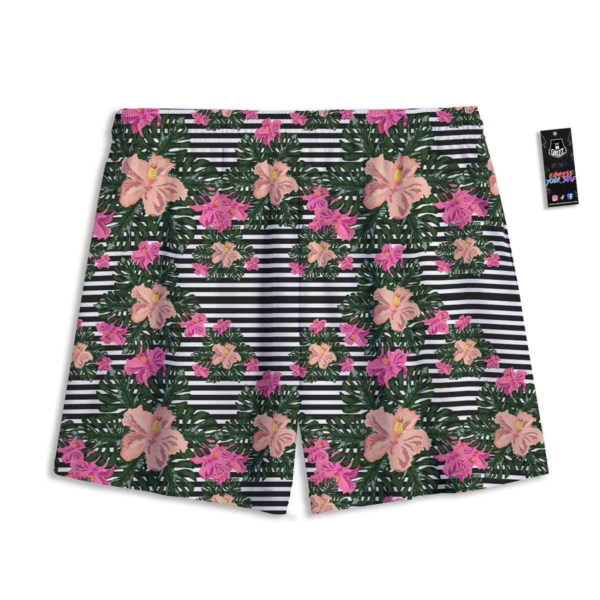 Striped Plumeria Flower Print Pattern Mesh Shorts - Image 2