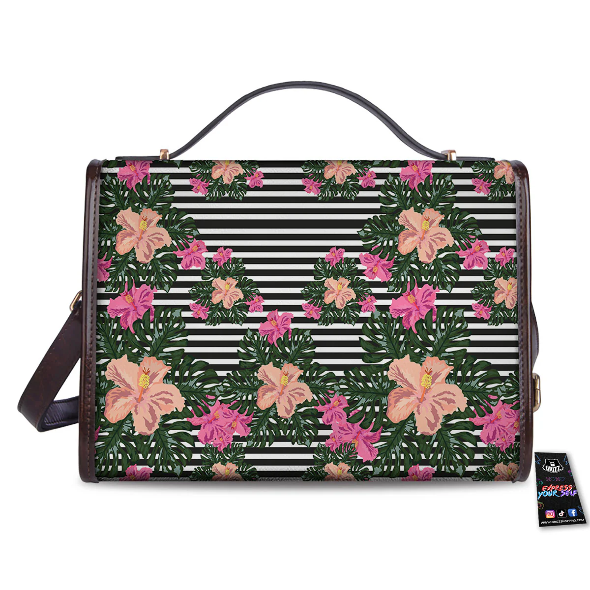 Striped Plumeria Flower Print Pattern Women's Satchel Bag - Image 2