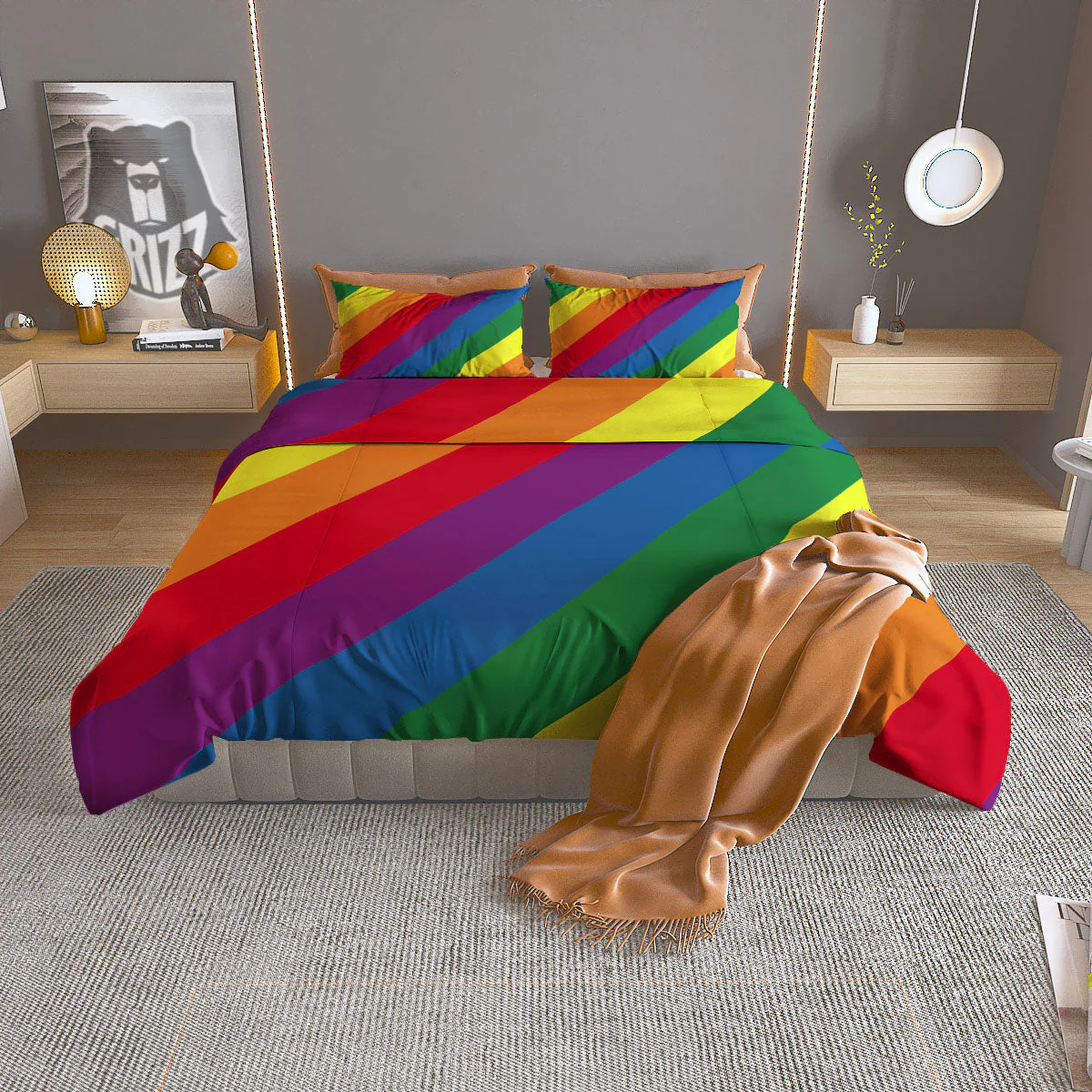 Striped Rainbow Diagonal Print Pattern Duvet Cover Bedding Set