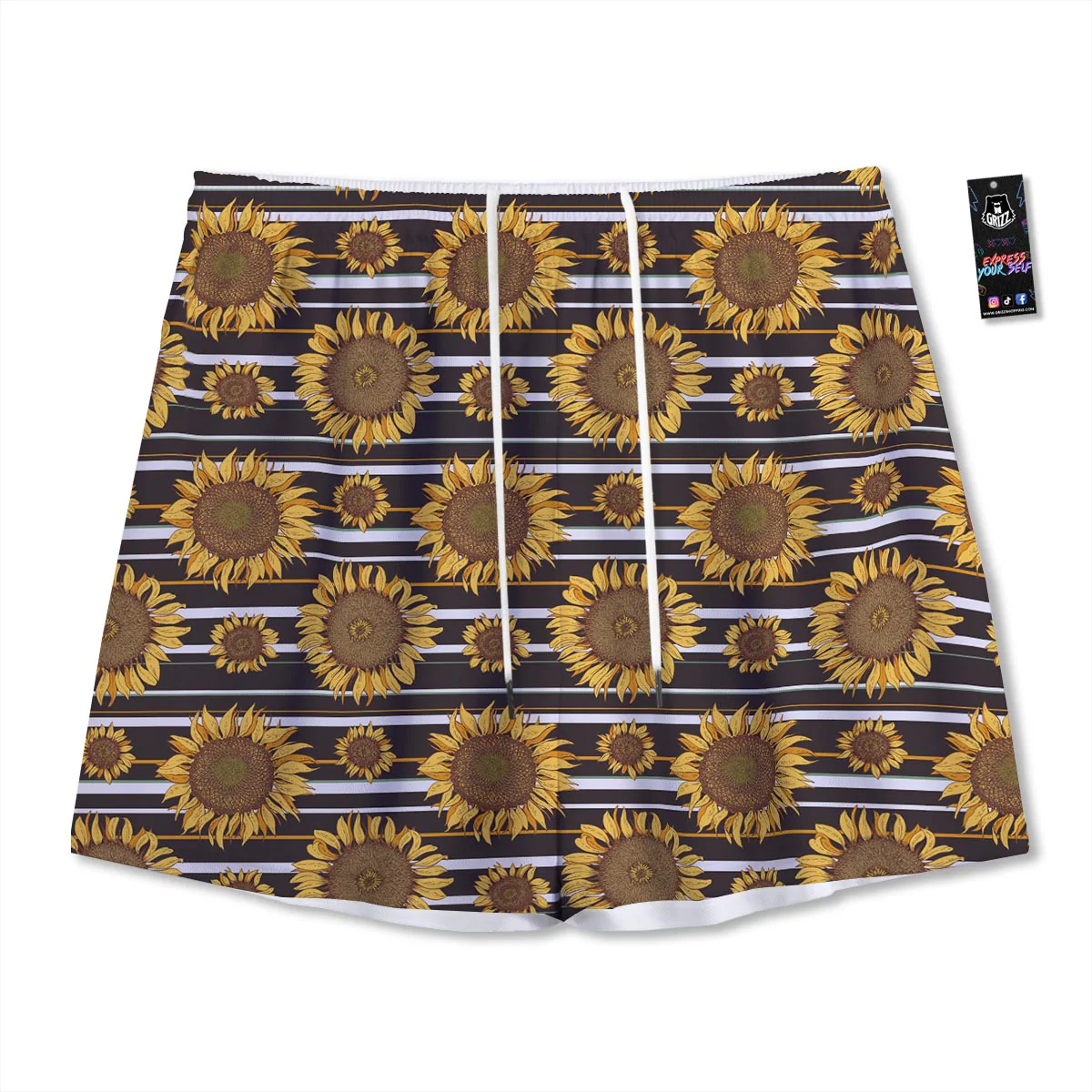 Striped Sunflower Print Pattern Mesh Shorts