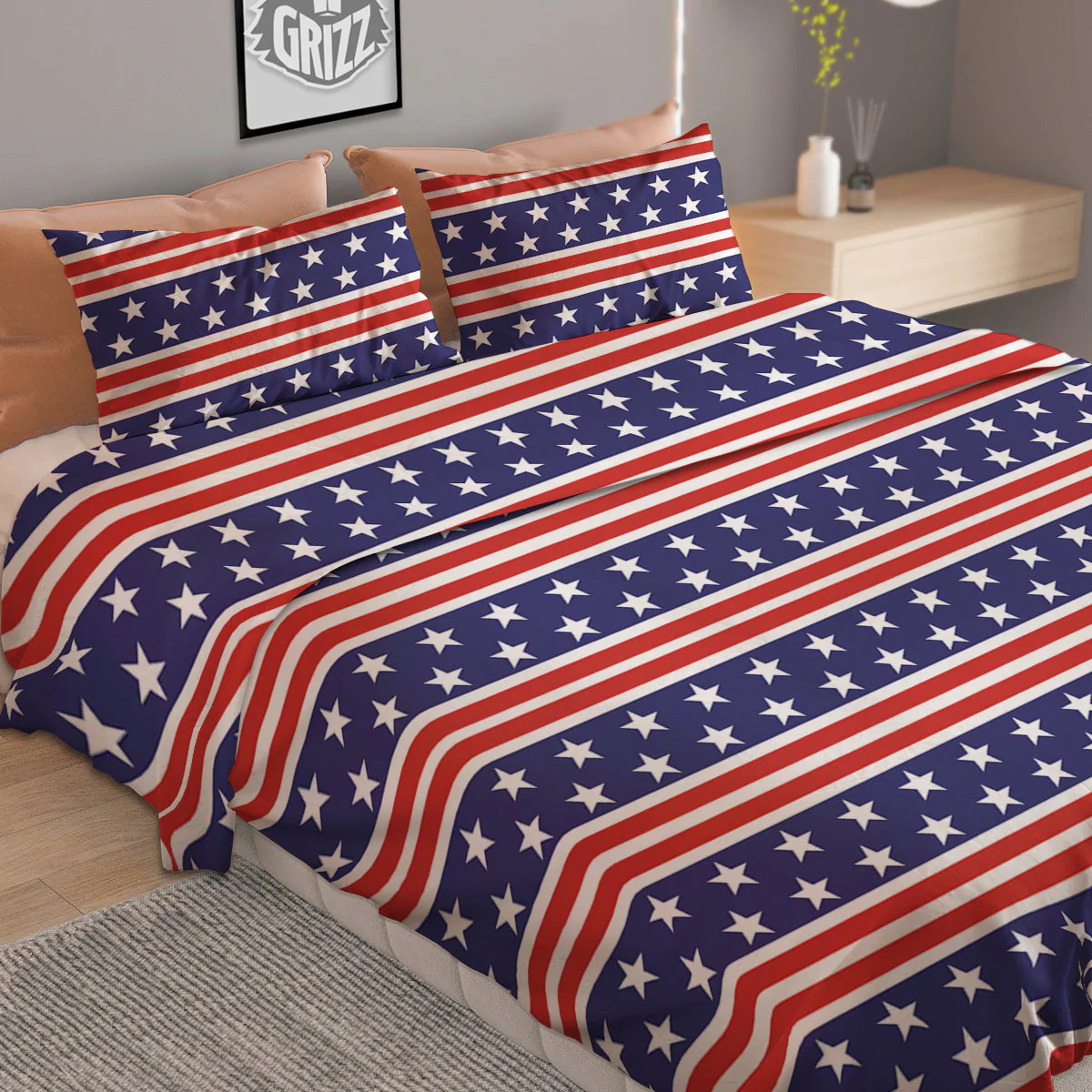Striped USA Print Pattern Duvet Cover Bedding Set - Image 2