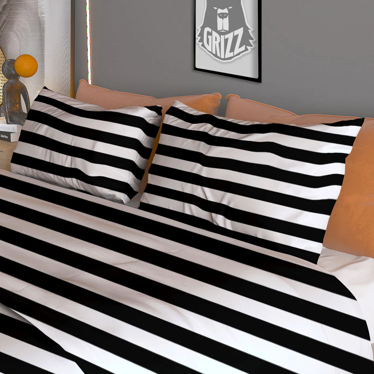 Striped White And Black Print Pattern Duvet Cover Bedding Set - Image 3