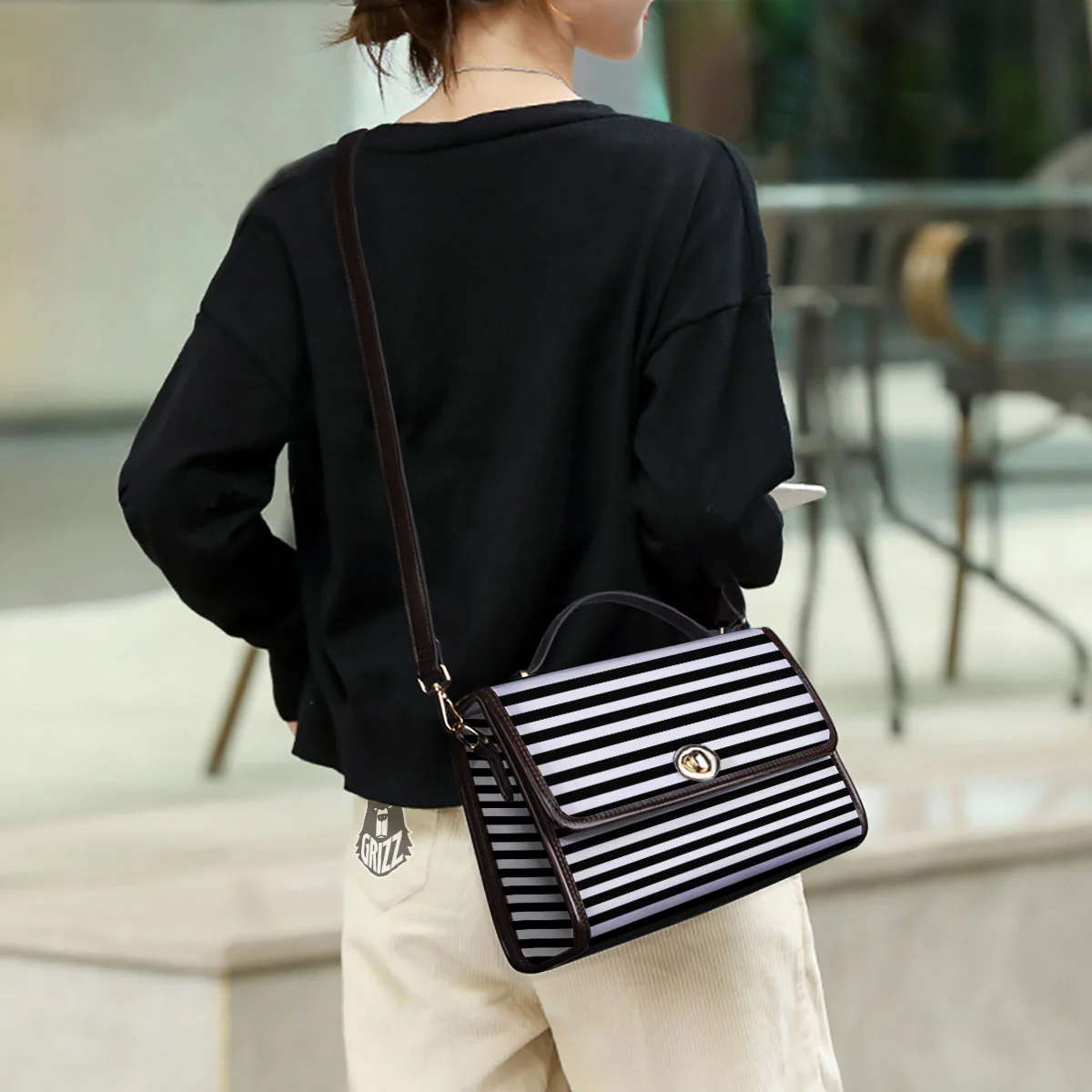 Striped White And Black Print Pattern Women's Satchel Bag - Image 3