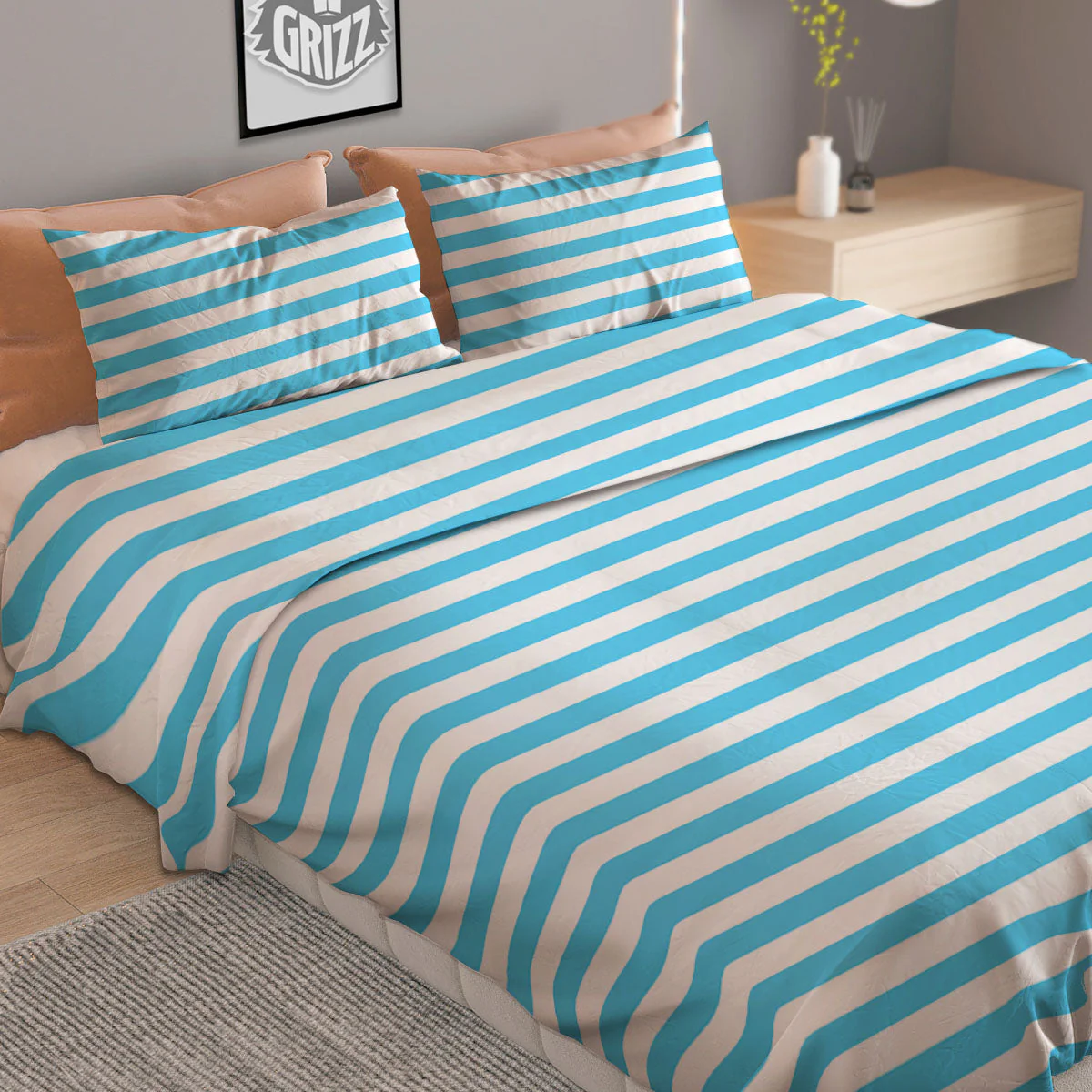 Striped White And Blue Print Pattern Duvet Cover Bedding Set - Image 2