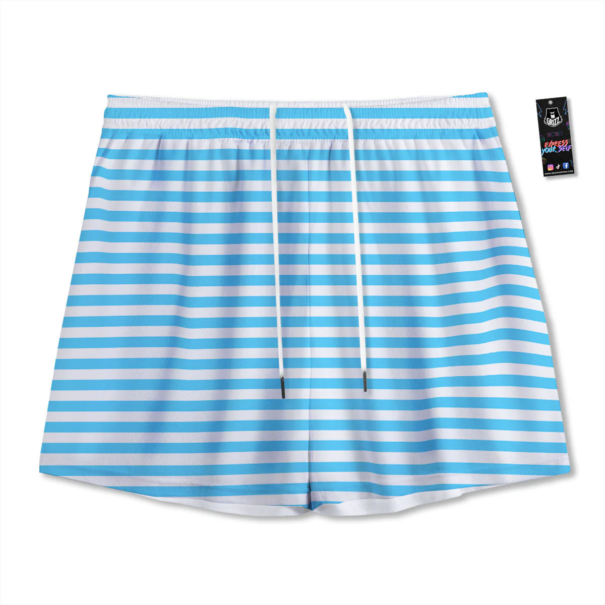 Striped White And Blue Print Pattern Mesh Shorts
