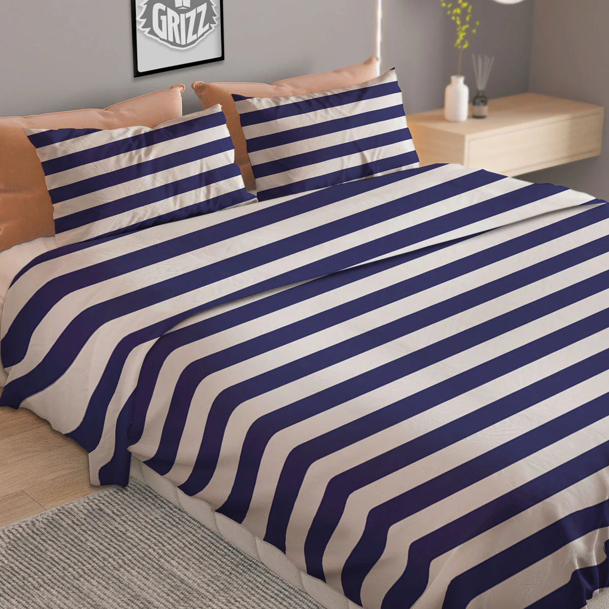 Striped White And Navy Print Pattern Duvet Cover Bedding Set - Image 2