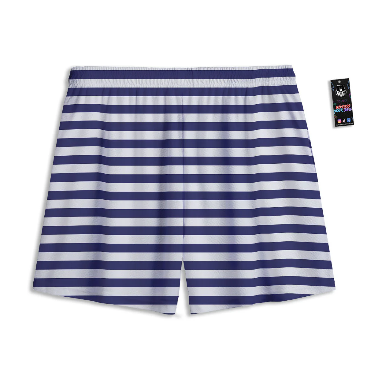 Striped White And Navy Print Pattern Mesh Shorts - Image 2