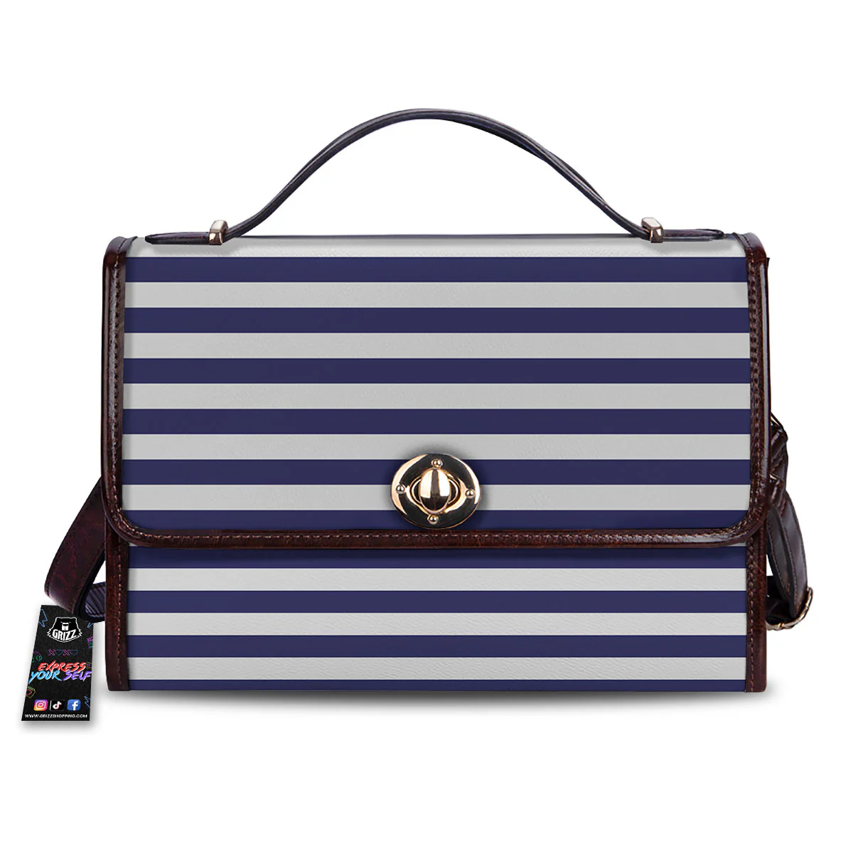 Striped White And Navy Print Pattern Women's Satchel Bag