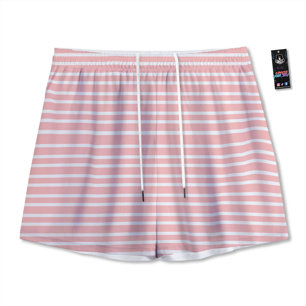 Striped White And Pink Print Pattern Mesh Shorts