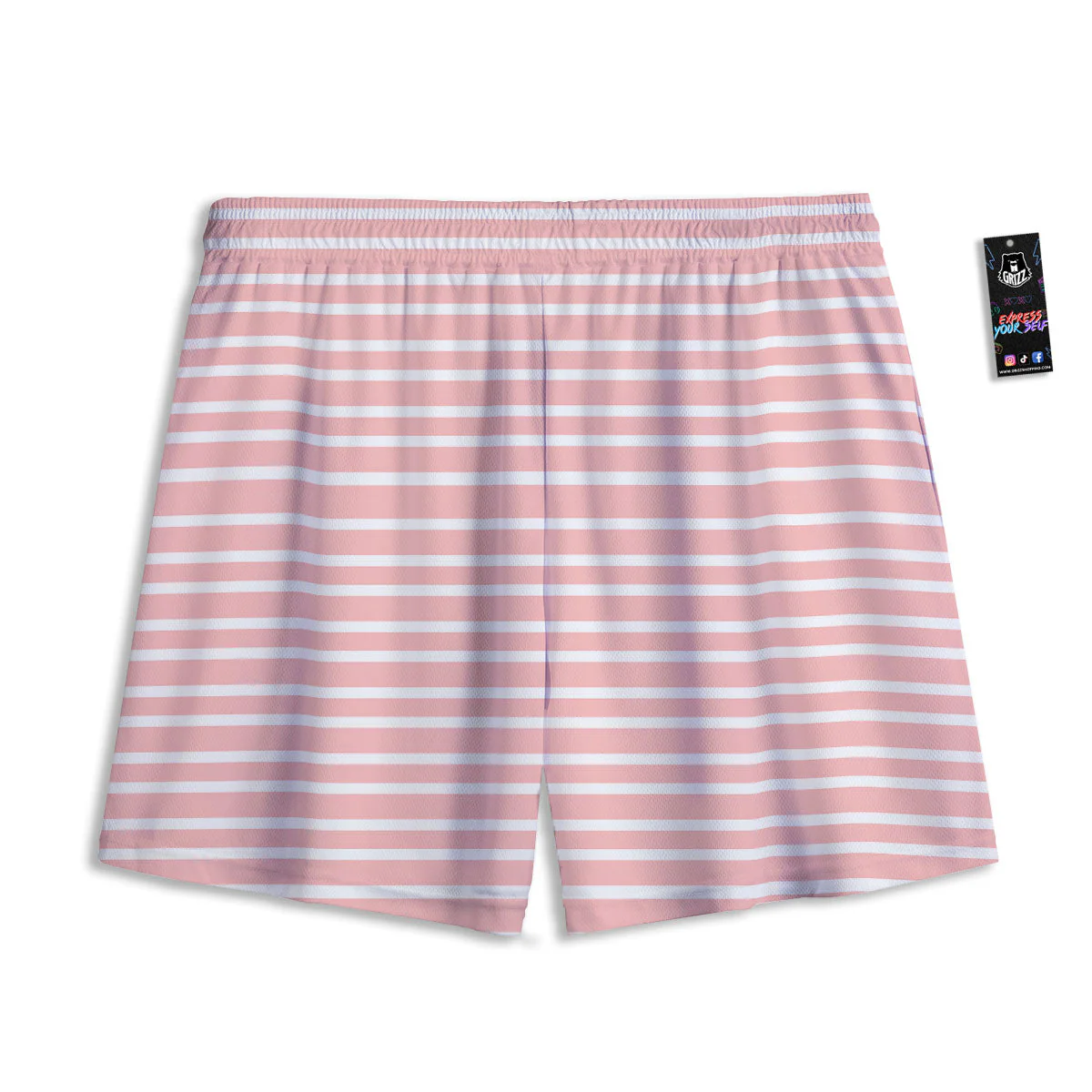 Striped White And Pink Print Pattern Mesh Shorts - Image 2