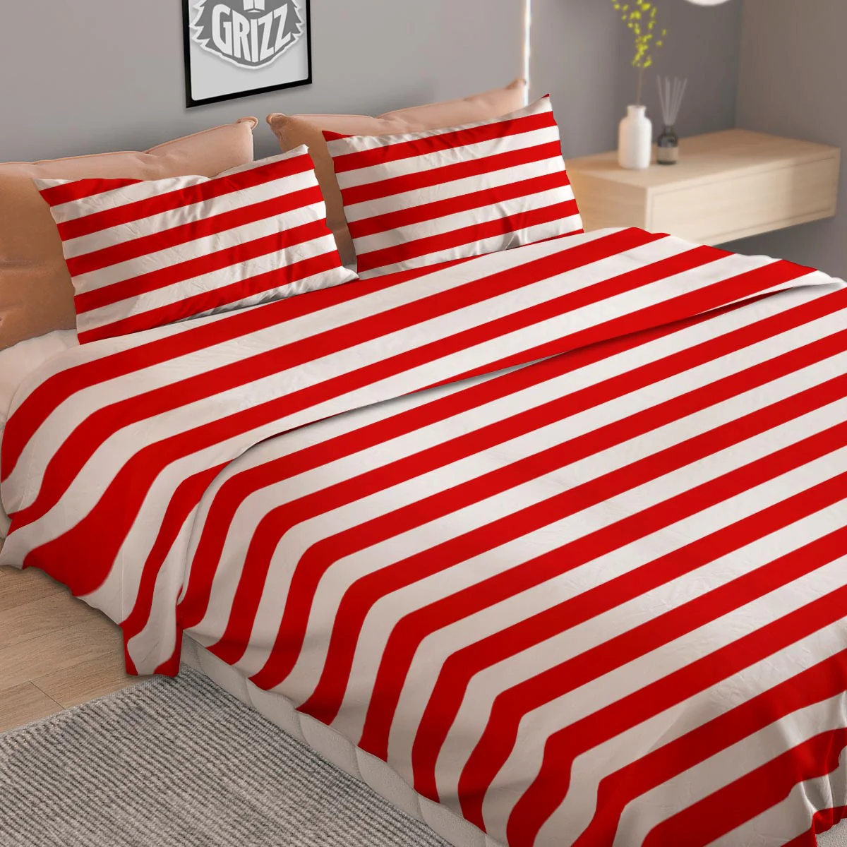 Striped White And Red Print Pattern Duvet Cover Bedding Set - Image 2