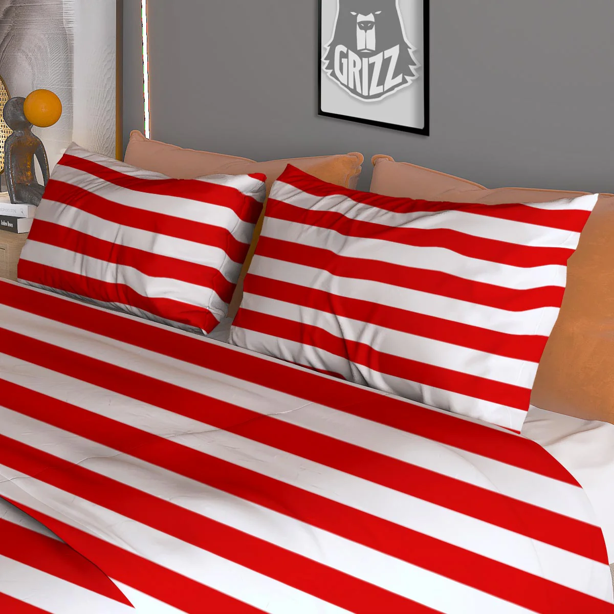 Striped White And Red Print Pattern Duvet Cover Bedding Set - Image 3