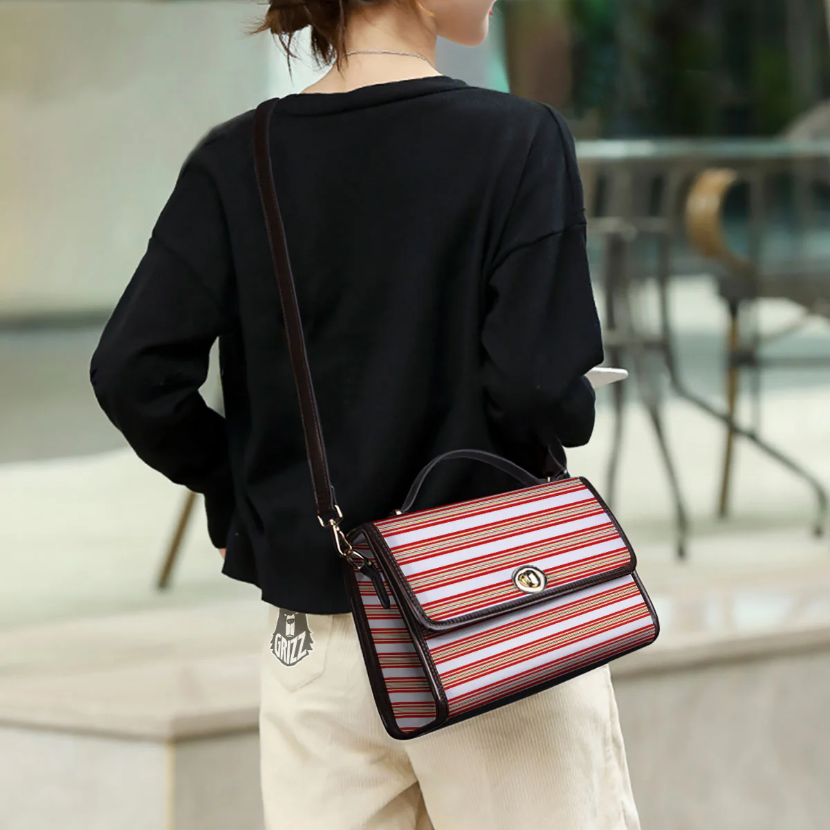 Stripes Merry Christmas Print Pattern Women's Satchel Bag - Image 3